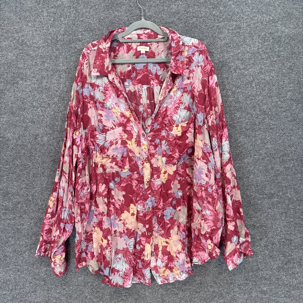 Pilcro Blouse Womens 3X Pink Floral Button Up Shirt Long Sleeve Anthropologie